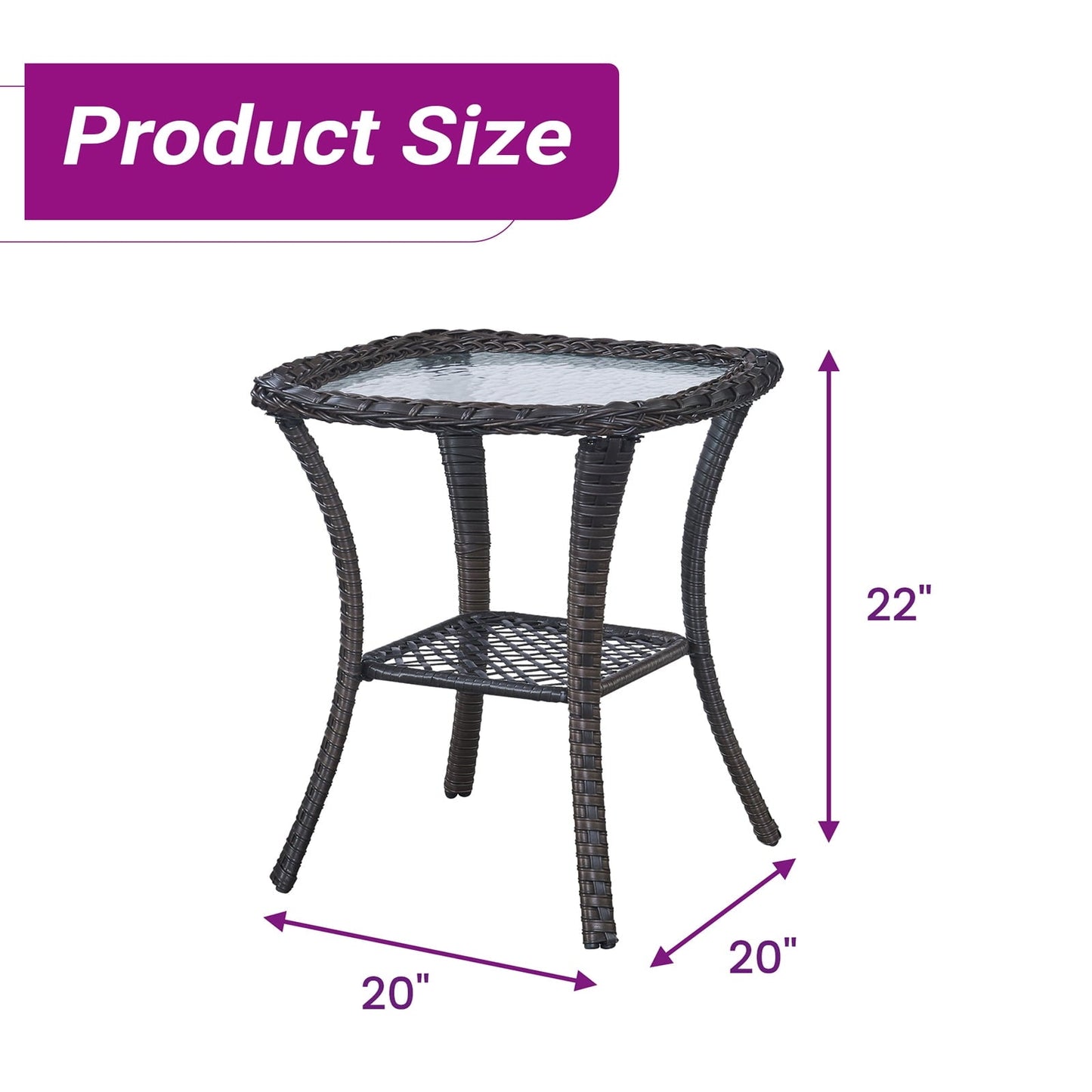 OPOHORO Outdoor Wicker Side Table,22x20x20 inch All Weather Rattan Small Patio Table Square End Table for Pool Balcony Deck Porch Lawn Backyard, Brown