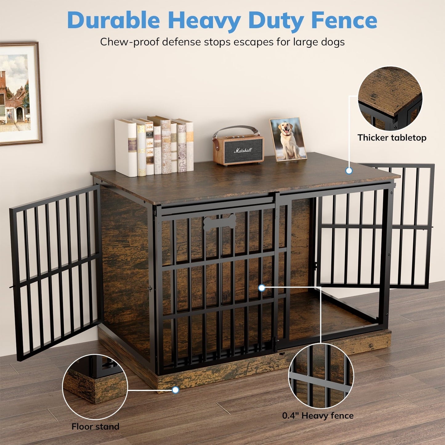Behost 47.24" Heavy Duty Dog Crate Furniture with Sliding Door and Nameplate for Large Dogs Industrial Rustic Brown