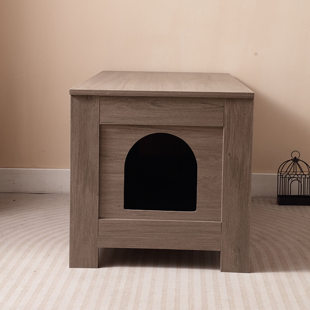 Noaman Cat Litter Box Enclosure with Barn Door, Wooden Cat Washroom Furniture & End Table, Fits Most Litter Boxes, 31.5"x19.7"x19.7", Greige