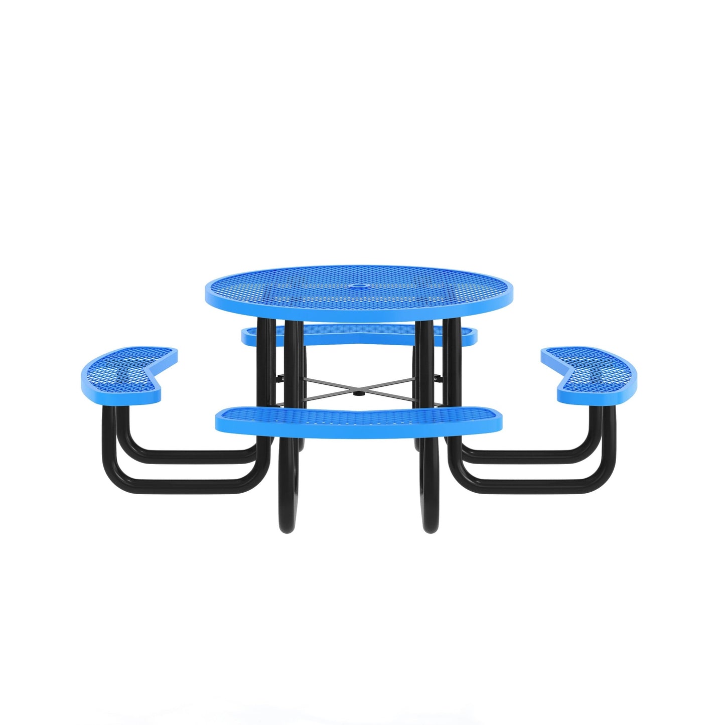 Flash Furniture 46" Round Outdoor Picnic Table with Commercial Heavy Gauge Expanded Metal Mesh Seats and Top with Umbrella Hole, Steel Frame, Blue