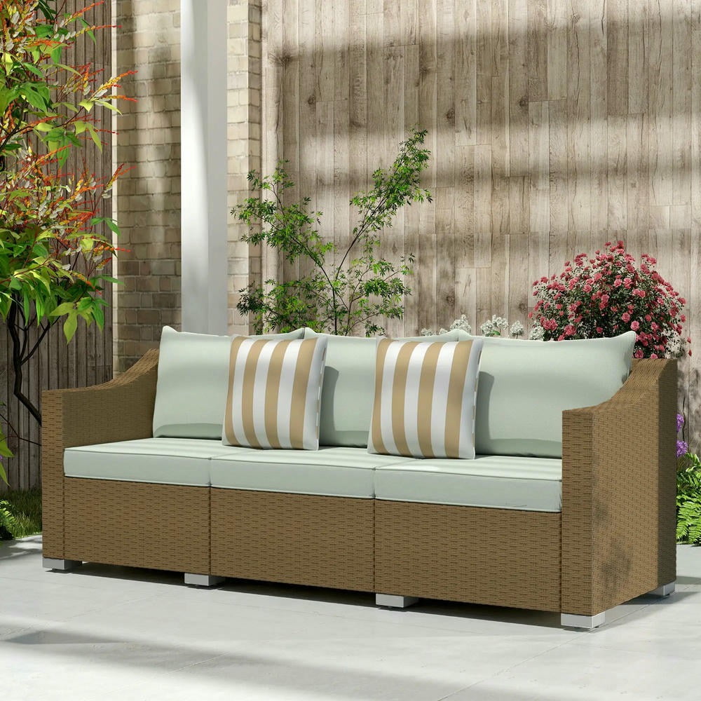 YYAo Patio Couch, Outdoor Sofa,Rattan Wicker 3 Seater Patio Couch with Cushions, 2 Throw Pillows, Outdoor Furniture Rattan Sofa, Light Gray