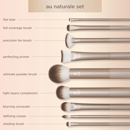Real Techniques 9 Piece Au Naturale Makeup Brush Set, For Liquid, Cream, & Powder Eyeshadow, Foundation, Blush, Bronzer & Contour, Travel Friendly Brushes, Gift Set, Cruelty-Free Bristles