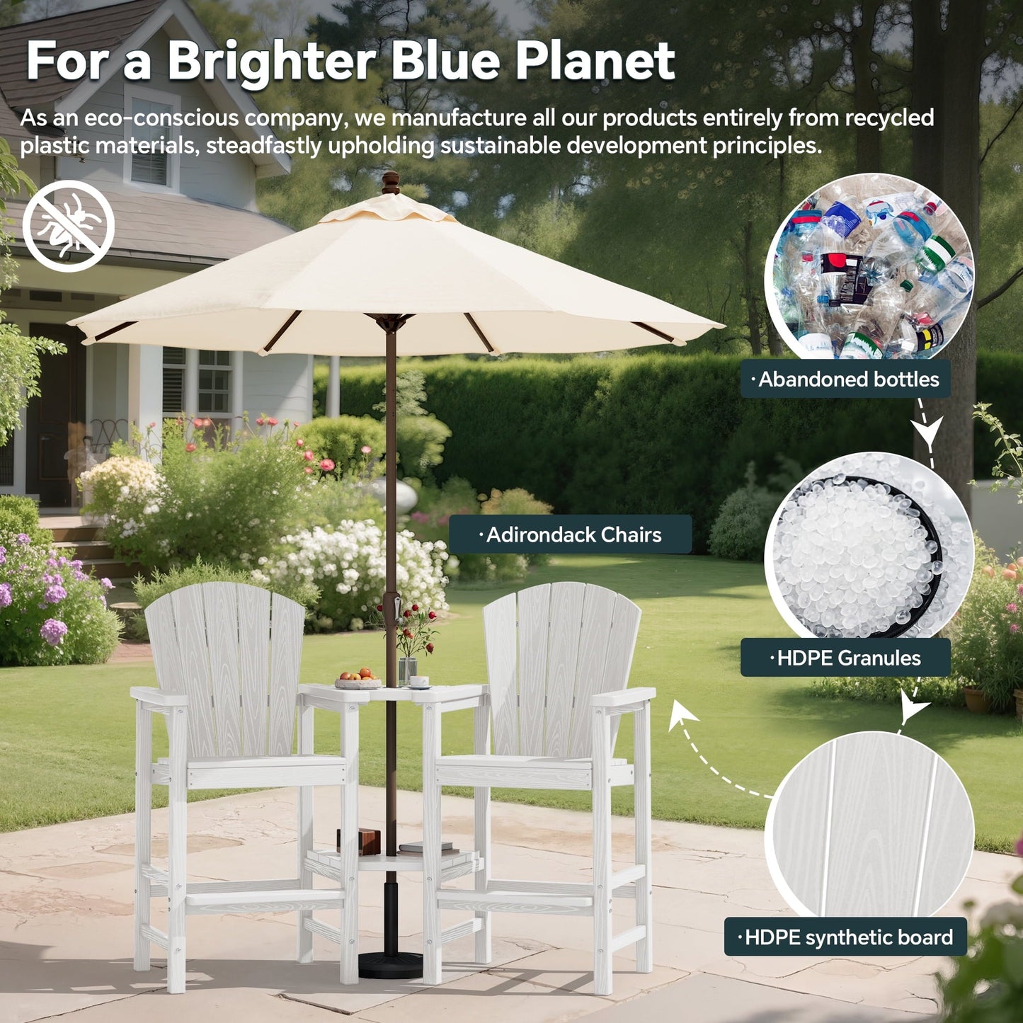 SERWALL Tall Adirondack Chairs Set of 2 with Double Layer Connecting Tray, HDPE Bar Height Outdoor Chairs, for Patio, Balcony, Porch, Pool, White