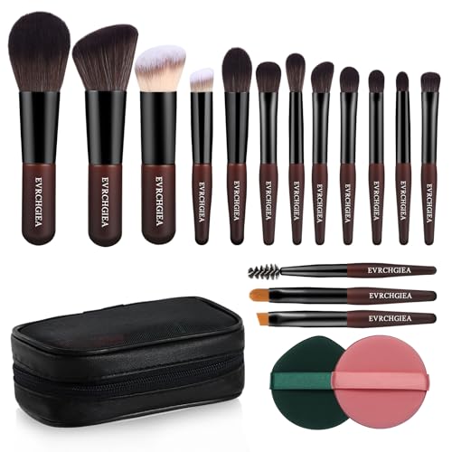 Travel Makeup Brush Set, 15 pcs Mini Makeup Brushes and 2 Puff for Foundation, Powder, Eyeshadow, Highlight, Contour, Blush & Concealer, Small Makeup Brush Set Purse Size with Case