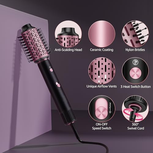 SKIMI Hair Dryer Brush and Blow Dry Brush, Multi-Hot Air Styler with 110000RPM Brushless Motor, Hot Air Brush for Fast Drying Curling Volumizing Straightening&Styling, High-Speed (Black&Blush Red)