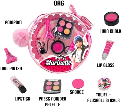Miraculous Ladybug Kids Makeup Set - 10 Piece Bag with Nail Polish, Hair Chalk, Stickers & More - Safe, Non-Toxic Pretend Play Cosmetics - Marinette Themed Makeup Kit for Children