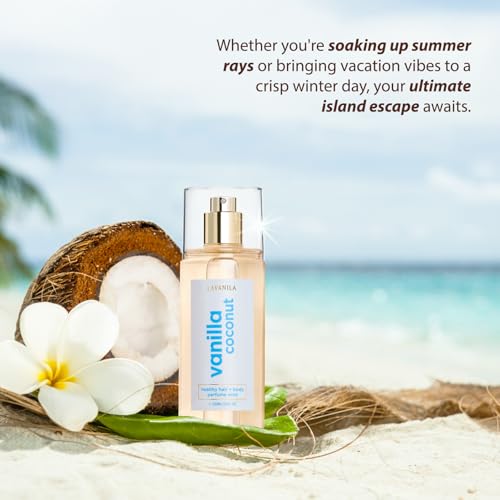 LAVANILA Vanilla Coconut Healthy Hair + Body Perfume Mist, 5 Fl Oz - Sweet & Tropical Fragrance Spray Formulated with Jojoba Oil, Madagascar Vanilla, Coconut, Tahitian Tiare Flower