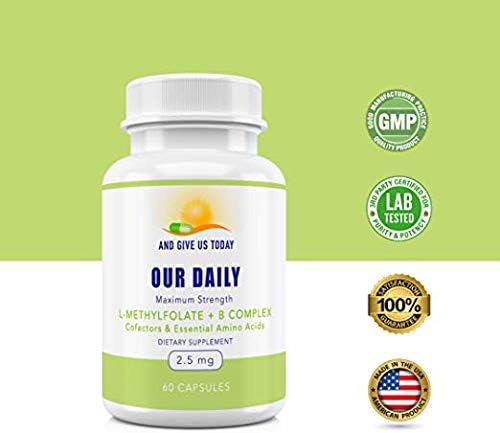 Our Daily Vites L-Methylfolate B Complex Cofactors & Essential Amino Acids (2.5mg) - Active Folate, Methylated B12 Methylcobalamin, B6 and Glycine - 60 Count
