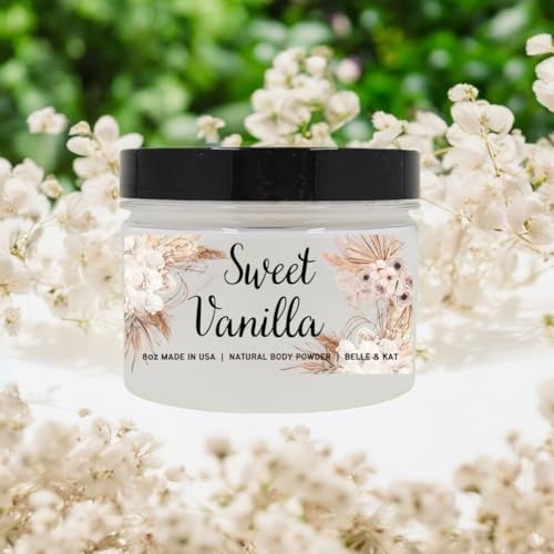 Sweet Vanilla Scented Body Powder for Men & Women, Perfume Dusting Powder, Bath Powder with Fragrance & Essential Oils, Talc Free 8oz Container, Made in USA