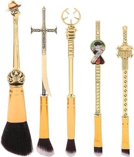 Set Of 5 One Piecess Anime Makeup Brushes - With Metal Handle, Velvet Gift Bag, Anime Peripheral, Birthday, Thanksgiving, Christmas, One Piece Fan Gift (Set)