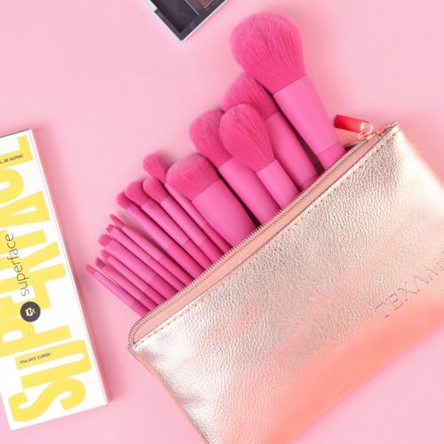 Makeup Brush Set, 15 Piece Quality Makeup Brushes, Premium Synthetic Make Up Brushes for Foundation Powder Blush Highlighter Concealer Makeup Brush Kit for Travel, Hot Pink