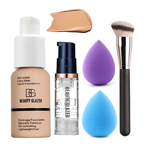 All in One Makeup Kit For Girls12 Colors Matte Shimme Eyeshadow Palette, Buff Beige Foundation Face Primer, Brush, Sponge, Eyebrow Soap Brows Gel, Winged Eyeliner Stamp (SetB)