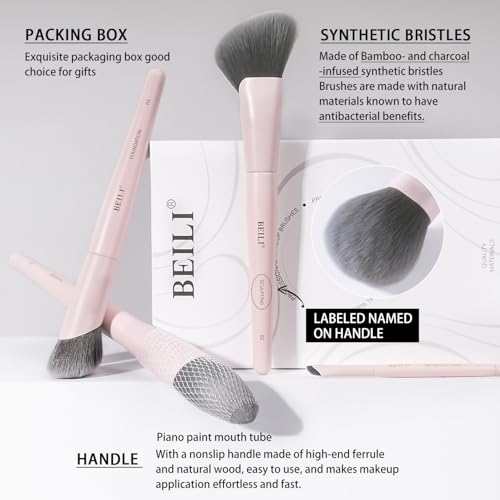 BEILI Makeup Brush Set, Pink Makeup Brush Set, 12 Vegan Makeup Brushes for Powder Foundation, Concealer, Eyebrows, Eyeshadow, Contour, Eyeliner, Blender Eye Brush