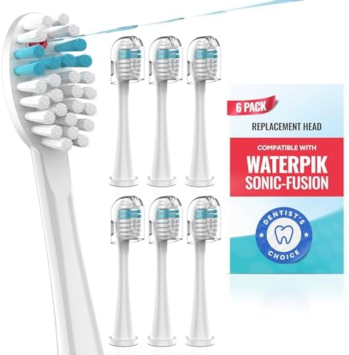 Toothbrush Replacement Heads Compatible with Waterpik Sonic Fusion 2.0 & Flossing Toothbrush SF01/SF02/SF03/SF04, Replacement Heads with Dupont Nylon & Color Fade Bristles - 6 Pack