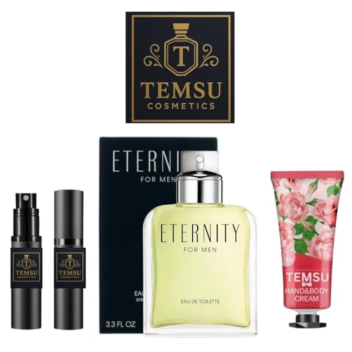 Luxury Brands Cologne for Men Eternity Eau de Toilette Spray 3.3 oz 3 Pcs gift set Bundle with Mini Refillable Atomizer Perfume bottle and Hand Cream