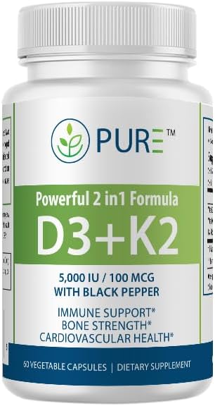 PURE D3 + K2, 5000 IU Vitamin D3, 100 mcg Vitamin K2, Black Pepper Extract, 60 Capsules, 2-Month Supply, Bone & Immune Support
