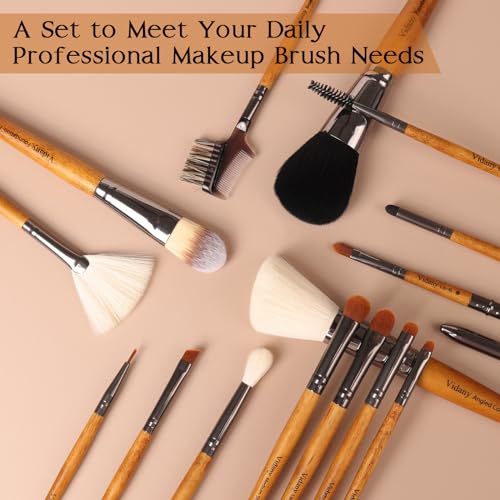 Makeup Brush Set: 15pcs Walnut Wooden Makeup Brushes With Leather Button Bag, Professional Makeup Brushes For Foundation Concealer Kabuki Blush Eyeliner Shadow Brow, Makeup Brush Sets & Kits