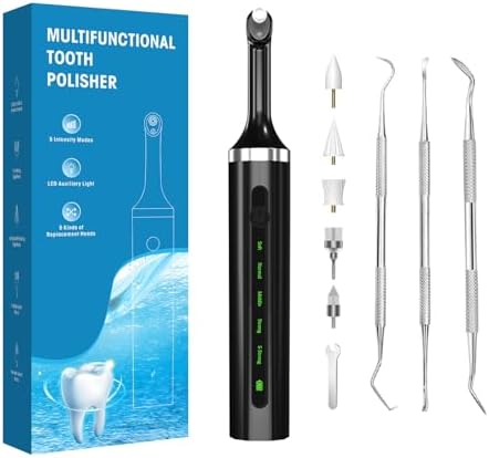 Tooth Polisher - Plaque Remover for Teeth Whitening Dental Tools Electric Tartar Polishing Teeth Cleaning Kit with LED Light 5 Speed Modes with 5 Replacement Brush Heads (Black)