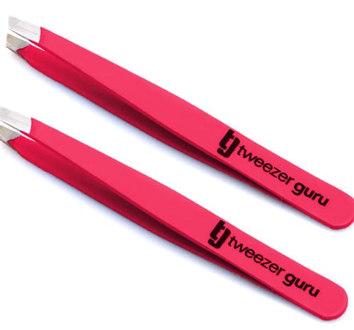 Tweezer Guru Tweezers for Women - 2pc Slant Pointed Precision Tweezers for Eyebrows & Ingrown Hair Removal - Blackhead and Splin