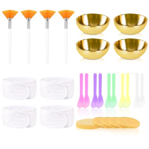 DLUGOPIS 34 Pcs Esthetician Facial Supplies Set: 4 Gold Bowls, 10 Mud Mask Applicators, 4 Cosmetic Brushes, 12 Compressed Sponges, 4 Facial Headbands for Unisex Face Cleansing