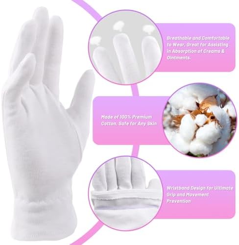 Selizo 12 Pairs 100% White Cotton Gloves for Eczema, Moisturizing Gloves for Dry Hands Overnight Women, Moisture Sleeping Spa Lotion Hand Cream Gloves for Eczema Dry Cracked Hands Sensitive Skin
