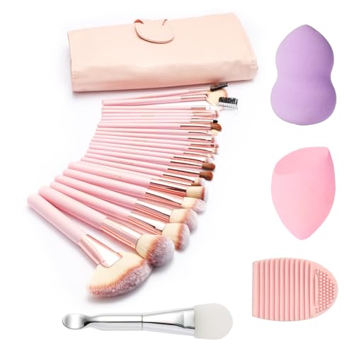 Makeup Brushes, Quality Make Up Brushes 28Pcs Makeup Brushes Set Professional & Beginner Make-up Sets & Case, Brushes & Sponges,Travel-Friendly Roll-up Beauty Gift Sets for Women, PINK