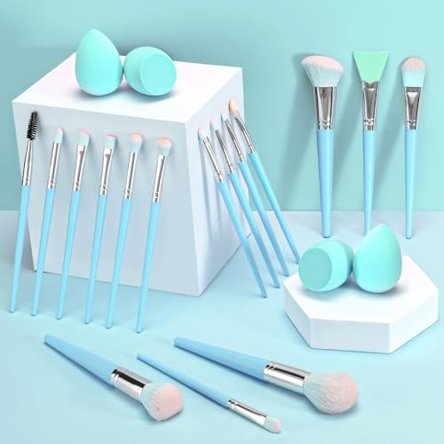 Makeup Brushes DUAIU 16pcs Professional Makeup Brush with Makeup Sponge Set Premium Synthetic Foundation Kabuki Eyebrow Concealers Blending Eye Shadow Brushes Make up Tool Kit (Blue)