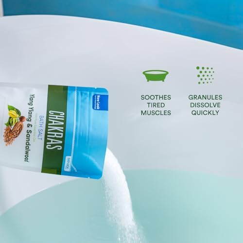 Chakras Bath Salt 32 Ounces Epsom Salt with Natural Ylang Ylang, Sandalwood, Eucalyptus, Frankincense, Chamomile and Cinnamon Essential Oils Plus Vitamin C in BPA Free Pouch with Easy Press-Lock Seal