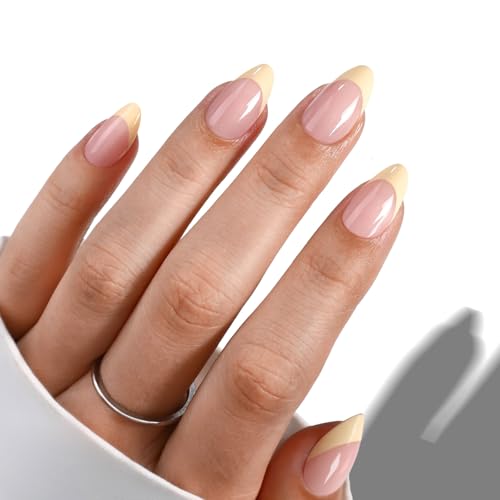 Yellow French Tip Press on Nails - GJZEZ Spring Almond Short Butter Yellow Soft Gel Fake Nails, Stunning Salon Quality False Glue on Nail | 16 Sizes - 32 Reusable Nail Kit with Glue, Buttermilk