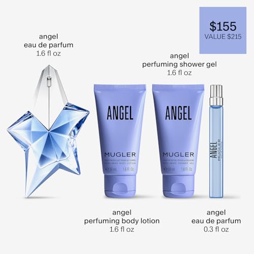 Mugler Angel Eau de Parfum - Women's Perfume Gift Set - Ambery & Woody - Fragrance, 1.6 Fl Oz, 1.6 Fl Oz Lotion, 1.6 Fl Oz Shower Gel, 0.33 Fl Oz Travel Size Perfume