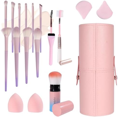 Makeup Brush Set 19 Pcs Premium Synthetic Foundation Powder Concealers Eye shadows Blush Travel Makeup Brushes Holder Set (Pink)