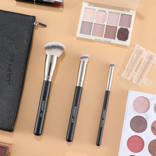 ENERGY Makeup Brushes Set Professional Kabuki Foundation Concealer Brush Under Eye Nose Contour Brush for Liquid Cream Powder Blending Buffing with Travel Bag 3PCS