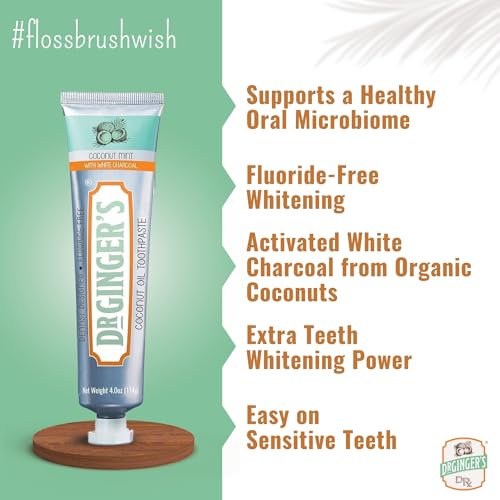 Dr. Ginger's Coconut Oil Charcoal Toothpaste for Sensitive Teeth and Gums - Mint Flavor, 4oz 2pcs - All-Natural White Activated Charcoal Whitening Toothpaste – Freshens Breath and Reduces Plaque
