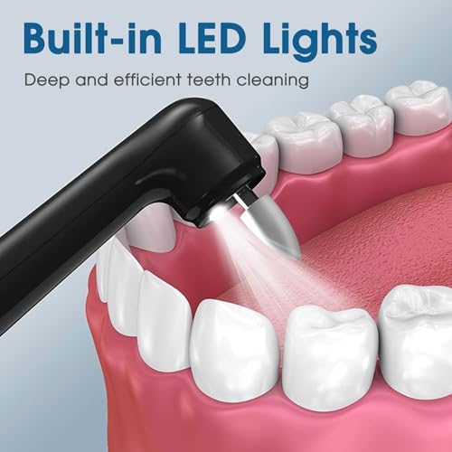 Tooth Polisher - Plaque Remover for Teeth Whitening Dental Tools Electric Tartar Polishing Teeth Cleaning Kit with LED Light 5 Speed Modes with 5 Replacement Brush Heads (Black)