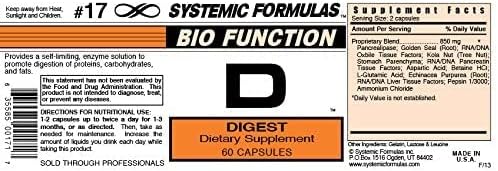 Systemic Formulas Bio Function #17 D Digest 60 Capsules. Helps Digestion of Heavy Meals and Absorption of Nutrients.