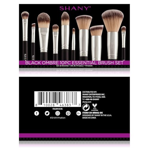 SHANY Makeup Brush Set Black OMBRE Pro 10 Piece Essential Professional Make up Brush Set - Foundation Powder Concealers Eye Shadow Brushes with Cosmetics Brush Travel Case - Upgraded