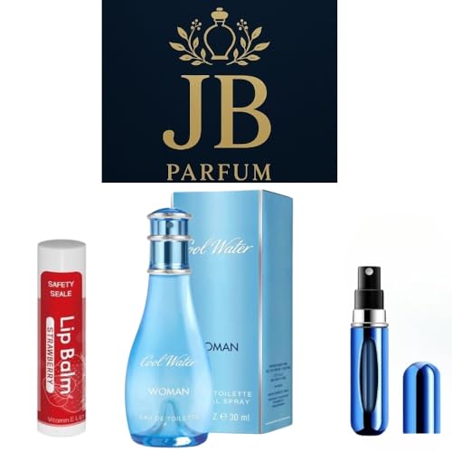 Premium Designer Brands Cool Water Perfume for Women Eau de Toilette Spray 1 oz Bundle with Refillable Perfume Atomizer Bottle and Lipstick Balm