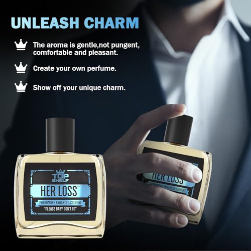 Top Shelf Her Loss Cologne for Men (Pheromone Enhanced) - 1.7 Fl Oz Long Lasting Perfume Her Loss Para Hombre, Natural Herbal Scent-Awaken Raw Instinct, Her Loss Pheromone Cologne for Men Attract Her