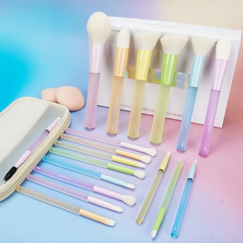 Makeup Brushes 18PCS Set – Multicolor Make Up Brush Set with Powder, Foundation, Eyeshadow Brushes, Latex Free Sponge & Bag – Soft Synthetic Bristles, Painted Aluminum Ferrules, Rubber Handles