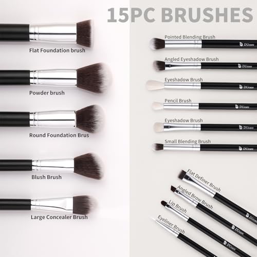 DUcare Makeup Brushes with Bag,15Pcs Makeup Brush Set Christmas Gift Travel Kabuki Foundation Blending Blush Eyeliner Shadow Brow Concealer Brushes Kit Black