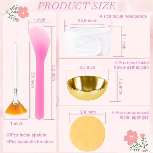 DLUGOPIS 34 Pcs Esthetician Facial Supplies Set: 4 Gold Bowls, 10 Mud Mask Applicators, 4 Cosmetic Brushes, 12 Compressed Sponges, 4 Facial Headbands for Unisex Face Cleansing