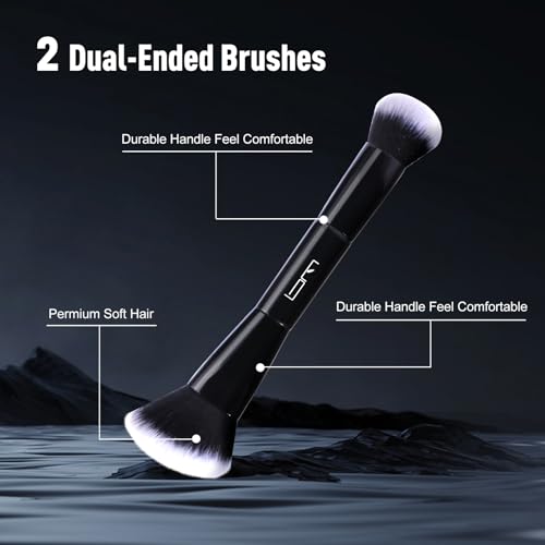 2Pcs Duo End Makeup Brushes, Foundation, Powder, Contour, Concealer, eye makeup Brush, Double-ended Multi-functional Synthetic Cosmetic Tools Makeup Brushes(Black)