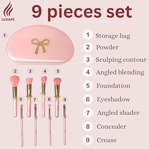 Bow Makeup Brush Set – 9-Piece - Pink bow makeup bag Coquette with Gold Bow & Storage Bag – Beginner Friendly makeup Brushes for Foundation, Contour & More