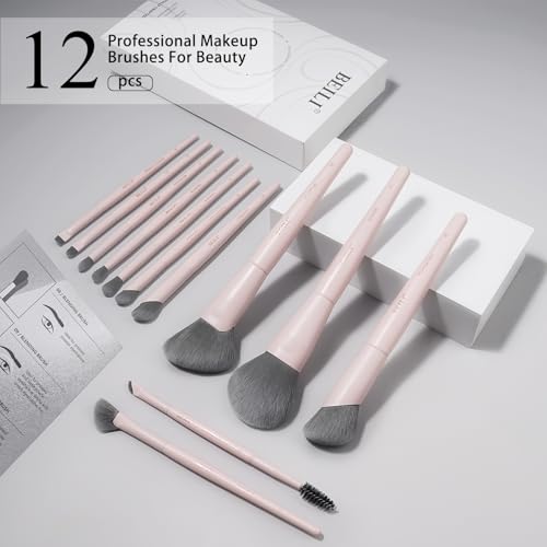 BEILI Makeup Brush Set, Pink Makeup Brush Set, 12 Vegan Makeup Brushes for Powder Foundation, Concealer, Eyebrows, Eyeshadow, Contour, Eyeliner, Blender Eye Brush