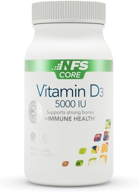 NF Sports Vitamin D3 5000 IU for Healthy Bones, Immune Support Supplement, Softgel Form, Vegan, Unflavored, Gluten-Free, Non-GMO, Supplement for Women & Men (60 Count, Pack of 1)