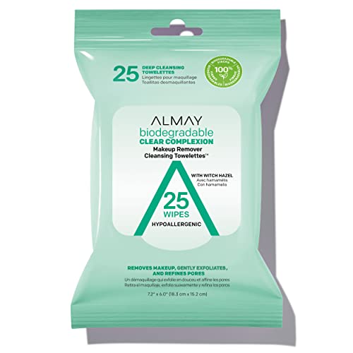 Almay Makeup Remover Cleansing Towelettes, Biodegradable Clear Complexion Wipes For Oily And Acne Prone Skin, Hypoallergenic, Cr