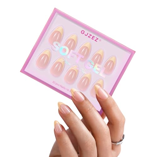 Yellow French Tip Press on Nails - GJZEZ Spring Almond Short Butter Yellow Soft Gel Fake Nails, Stunning Salon Quality False Glue on Nail | 16 Sizes - 32 Reusable Nail Kit with Glue, Buttermilk