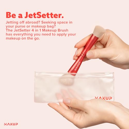 MAKUP JetSetter 4 in 1 Travel Makeup Brush - All in One Set includes Kabuki Liquid Foundation, Blush, Contour, Eyeshadow & Angeled Brush for Brow and Eyeliner. Luxurious, Ultra Soft, Vegan Bristles.