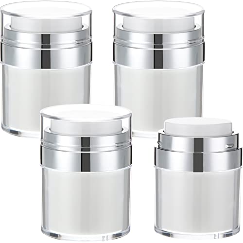 4 Pack Empty Airless Pump Jar Acrylic Airless Cosmetic Container Portable Refillable Travel Size Cream Jar Vacuum Bottle Lotion Jar with Pump Lid for Skincare Cream, White (1.7 oz)