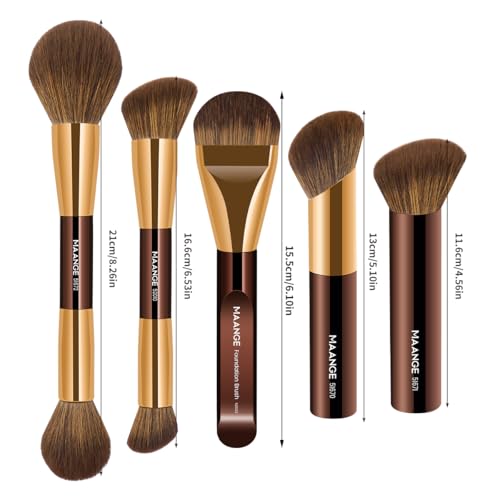 MAANGE 5 PCS Foundation Makeup Brush Set Double-ended Kabuki Mask Contour Brush for Liquid Powder Concealer Cream Cosmetics Blending Makeup Brushes (Coffee Gold)